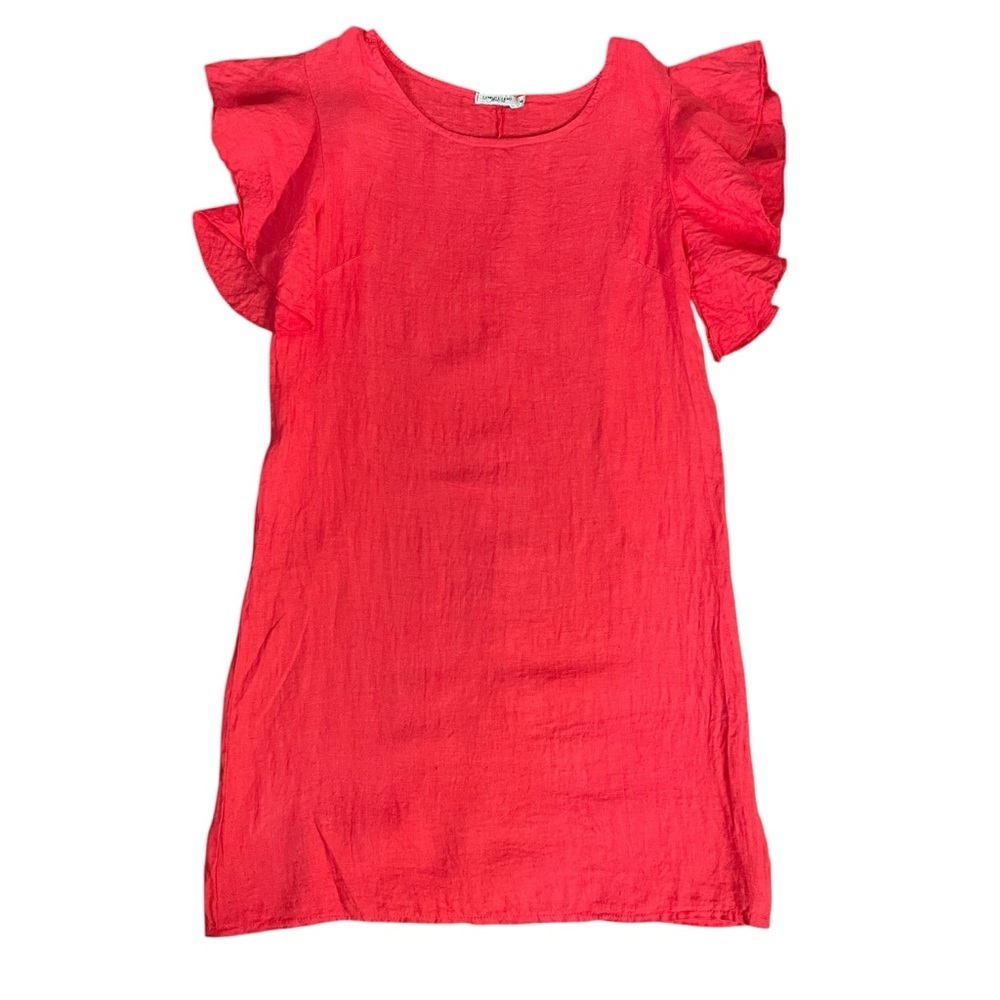 100% Linen Made in Italy Red Ruffle Sleeve Dress Sz S